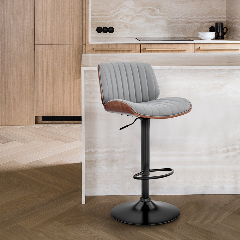 Brock Adjustable Gray Faux Leather and Walnut Wood with Black Finish Bar Stool By Armen Living