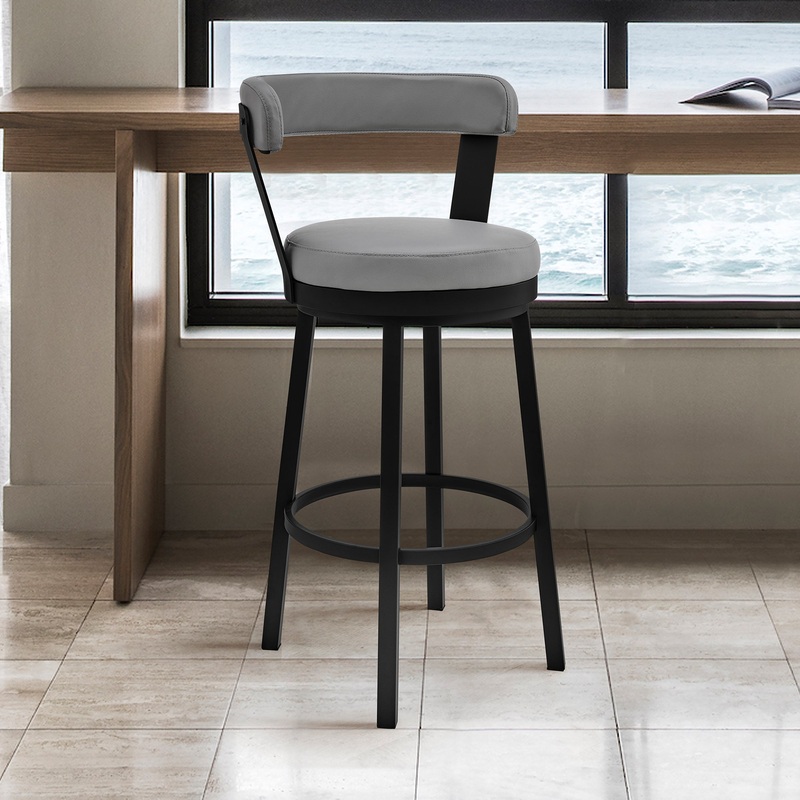 Bryant 26" Counter Height Swivel Bar Stool in Black Finish and Gray Faux Leather By Armen Living