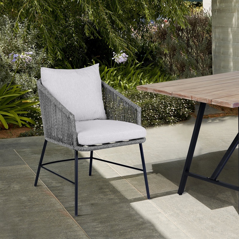 Calica Outdoor Patio Dining Chair in Black Metal and Grey Rope By Armen Living