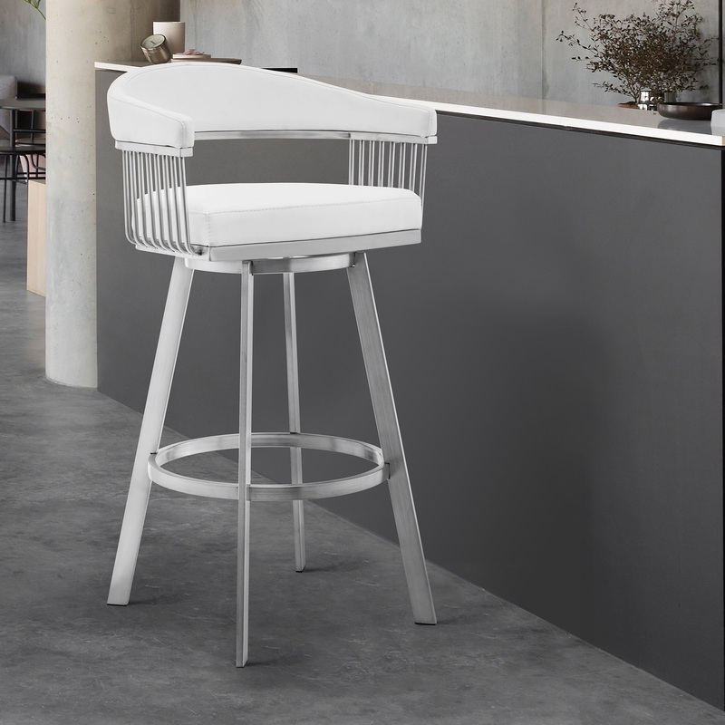 Chelsea 26" White Faux Leather and Brushed Stainless Steel Swivel Bar Stool By Armen Living