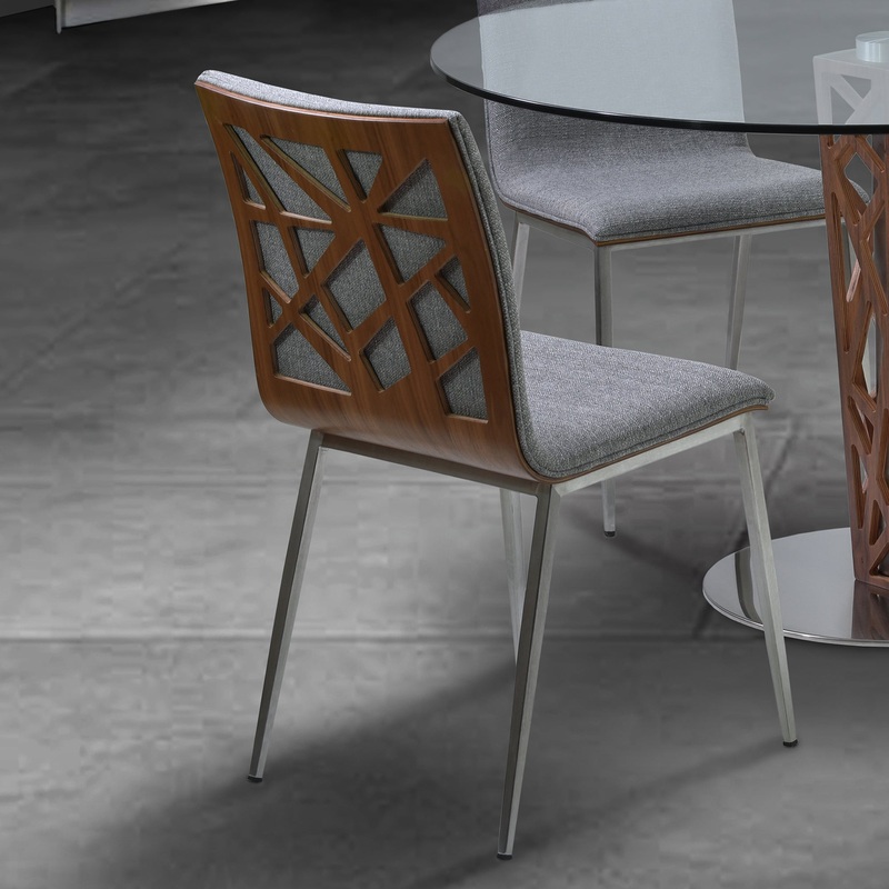 Crystal Dining Chair in Brushed Stainless Steel finish with Gray Fabric and Walnut Back - Set of 2 By Armen Living