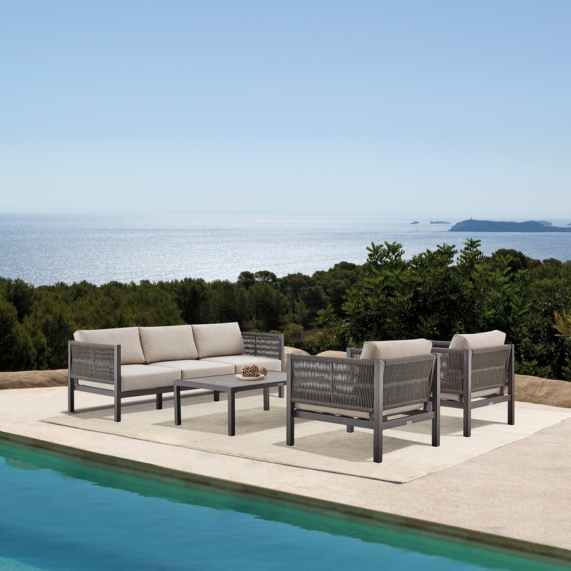 Cuffay 4 Piece Outdoor Patio Furniture Set in Brown Aluminum and Rope with Cushions By Armen Living