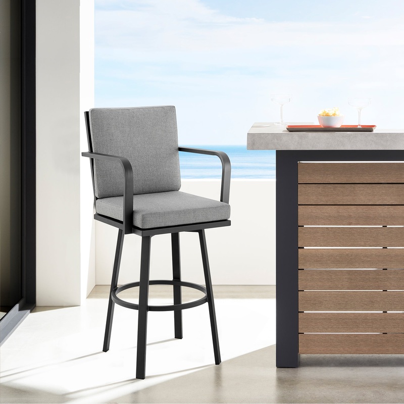 Don 30" Outdoor Patio Bar Stool in Black Aluminum with Grey Cushions  By Armen Living