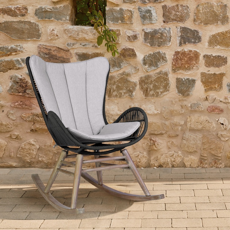Fanny Outdoor Patio Rocking chair in Light Eucalyptus Wood and Charcoal Rope By Armen Living