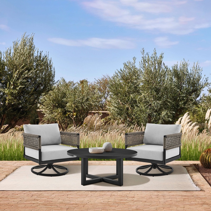Felicia and Argiope 3 Piece Patio Outdoor Swivel Seating Set in Black Aluminum with Grey Rope and Cushions By Armen Living