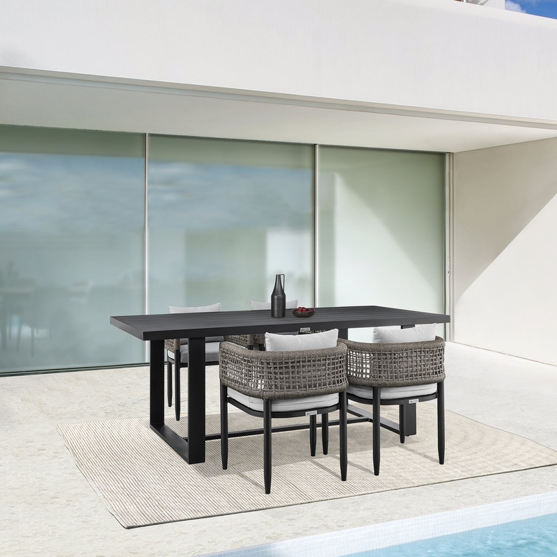 Felicia Outdoor Patio 5-Piece Dining Table Set in Aluminum with Grey Rope and Cushions By Armen Living
