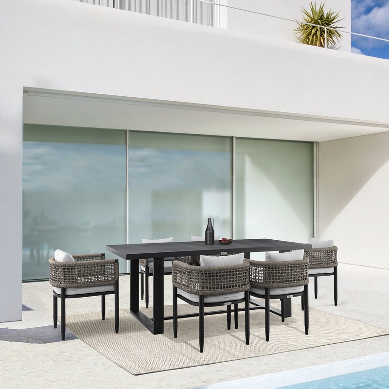 Felicia Outdoor Patio 7-Piece Dining Table Set in Aluminum with Grey Rope and Cushions By Armen Living