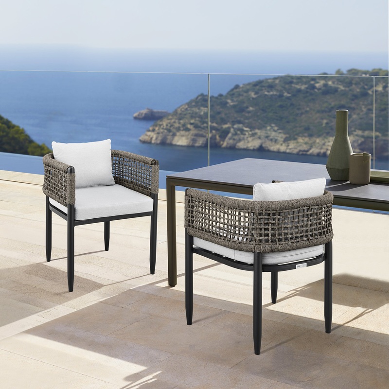 Felicia Outdoor Patio Dining Chair in Aluminum with Grey Rope and Cushions - Set of 2 By Armen Living
