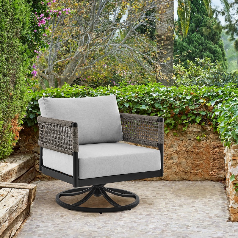 Felicia Outdoor Patio Swivel Rocking Chair in Black Aluminum and Grey Rope with Cushions By Armen Living