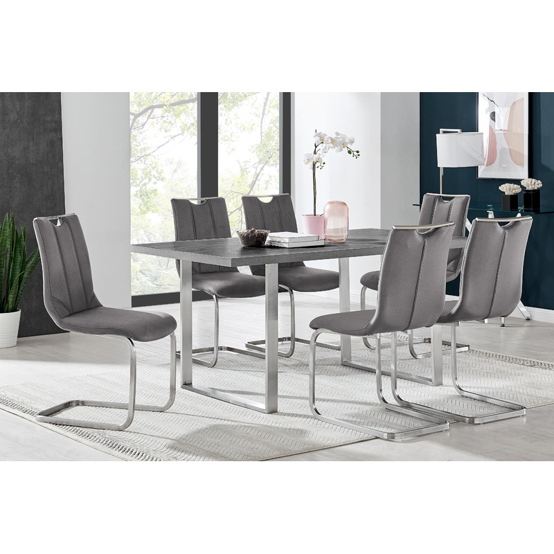 Fenton and Pacific 7 Piece Modern Rectangular Dining Set with Metal Base in Black Melamine Wood and Gray Fabric By Armen Living