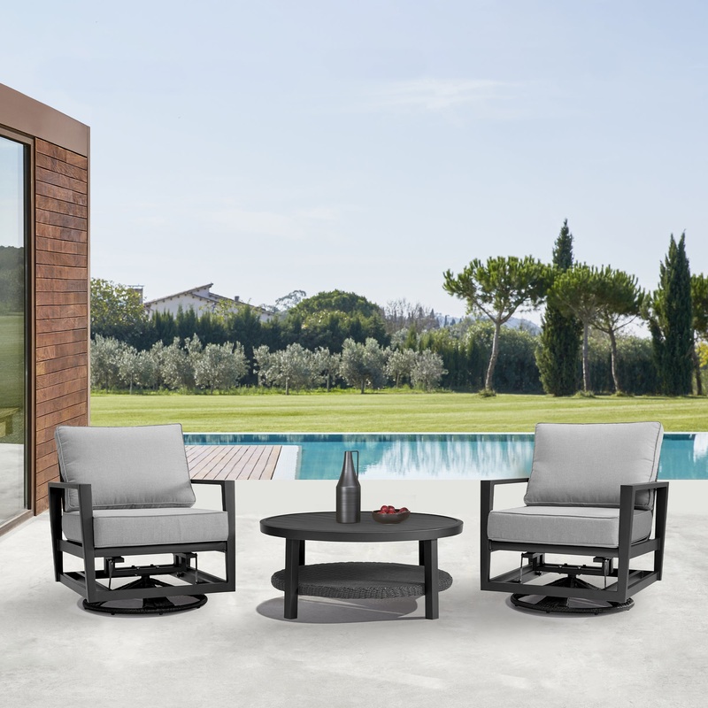 Grand 3 Piece Black Aluminum Outdoor Seating Set with Dark Gray Cushions By Armen Living