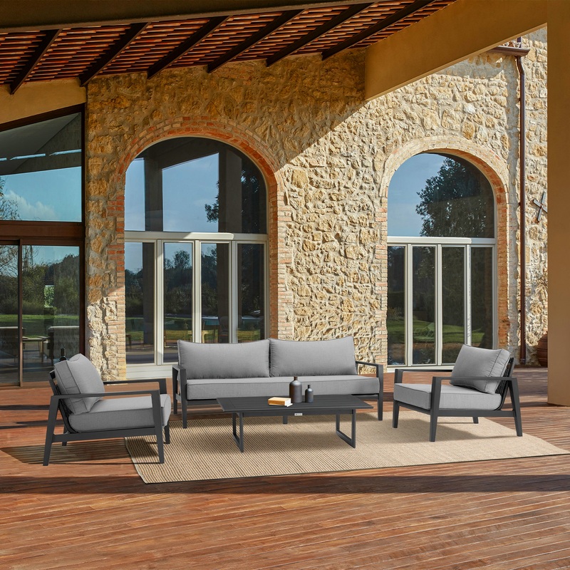 Grand 4 Piece Black Aluminum Outdoor Seating Set with Dark Gray Cushions By Armen Living