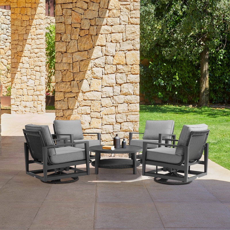 Grand 5 Piece Black Aluminum Outdoor Seating Set with Dark Gray Cushions By Armen Living