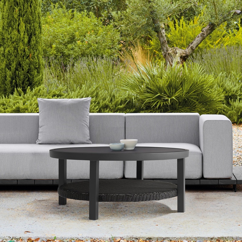 Grand Black Aluminum Outdoor Round Conversation Table with Wicker Shelf By Armen Living
