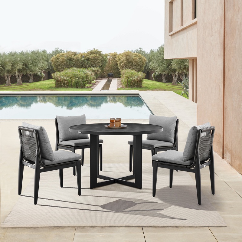 Grand Outdoor Patio 5-Piece Round Dining Table Set in Aluminum with Grey Cushions By Armen Living