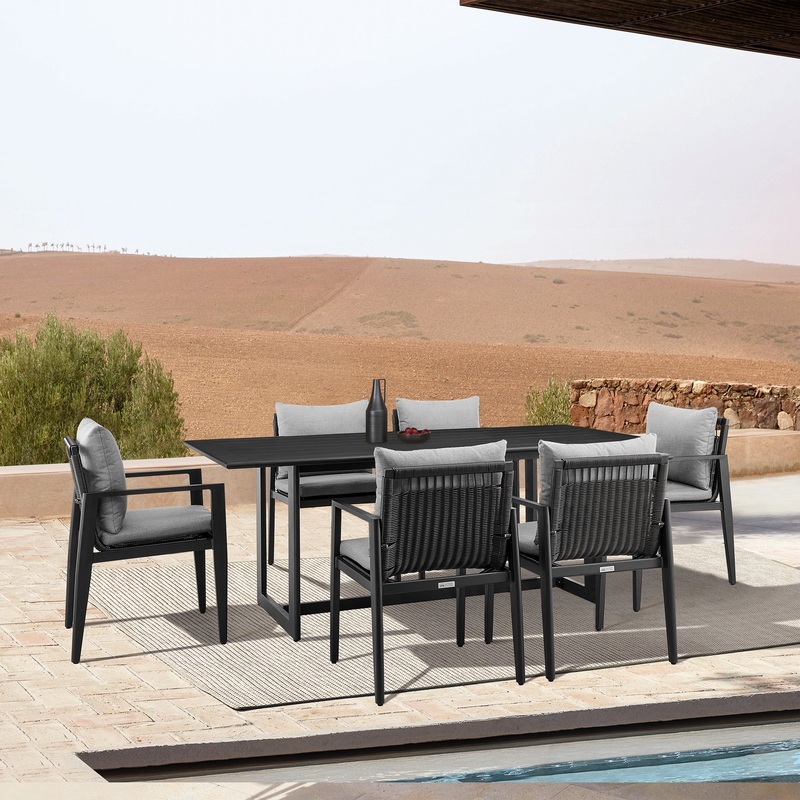 Grand Outdoor Patio 7-Piece Dining Table Set in Aluminum with Grey Cushions By Armen Living