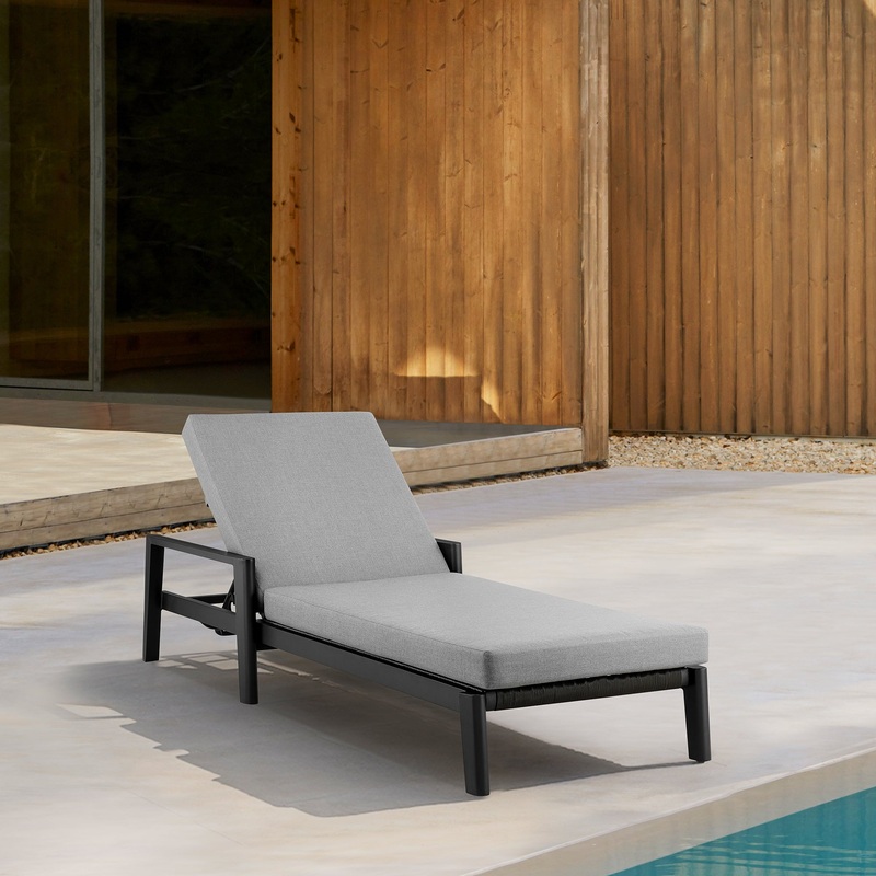 Grand Outdoor Patio Adjustable Chaise Lounge Chair in Aluminum with Grey Cushions By Armen Living