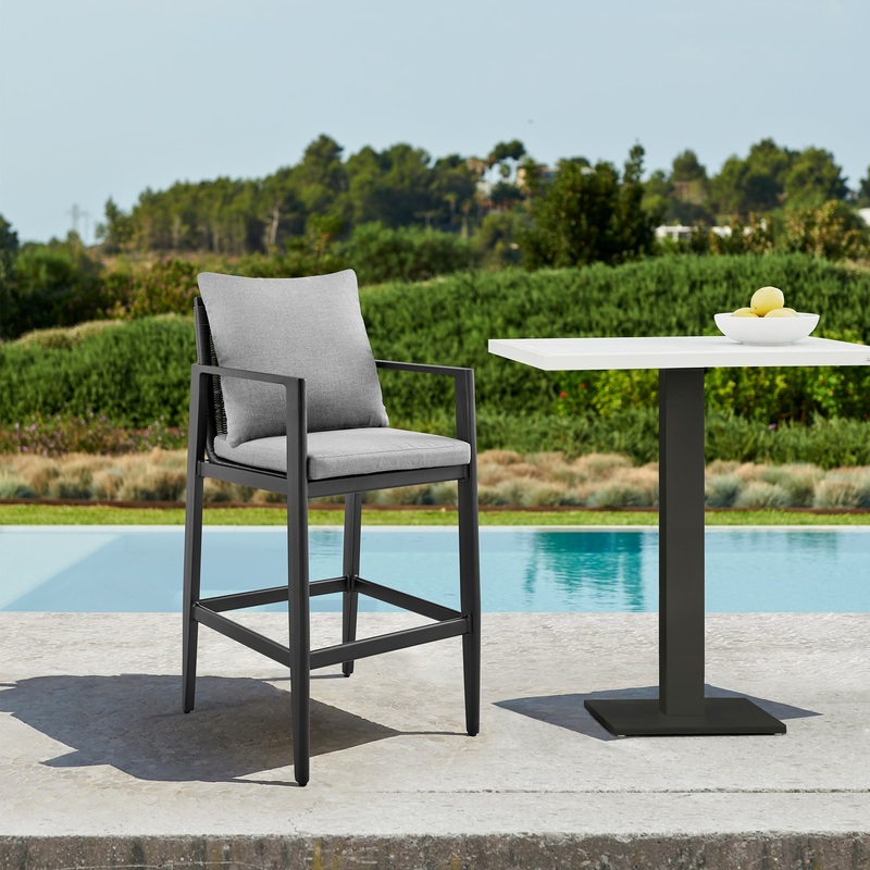 Grand Outdoor Patio Counter Height Bar Stool in Aluminum with Grey Cushions By Armen Living
