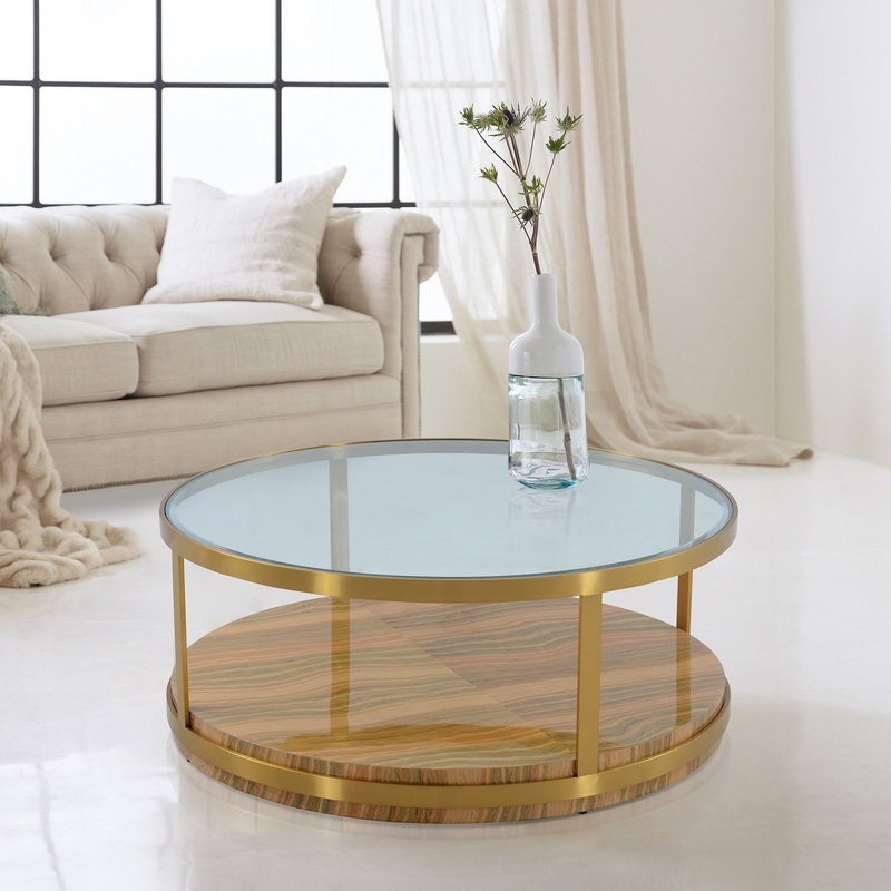 Hattie Glass Top Coffee Table with Brushed Gold Legs By Armen Living