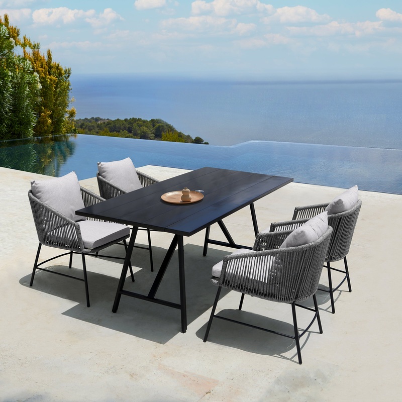 Koala and Calica 5 Piece Dining Set in Dark Eucalyptus and Metal with Grey Rope By Armen Living