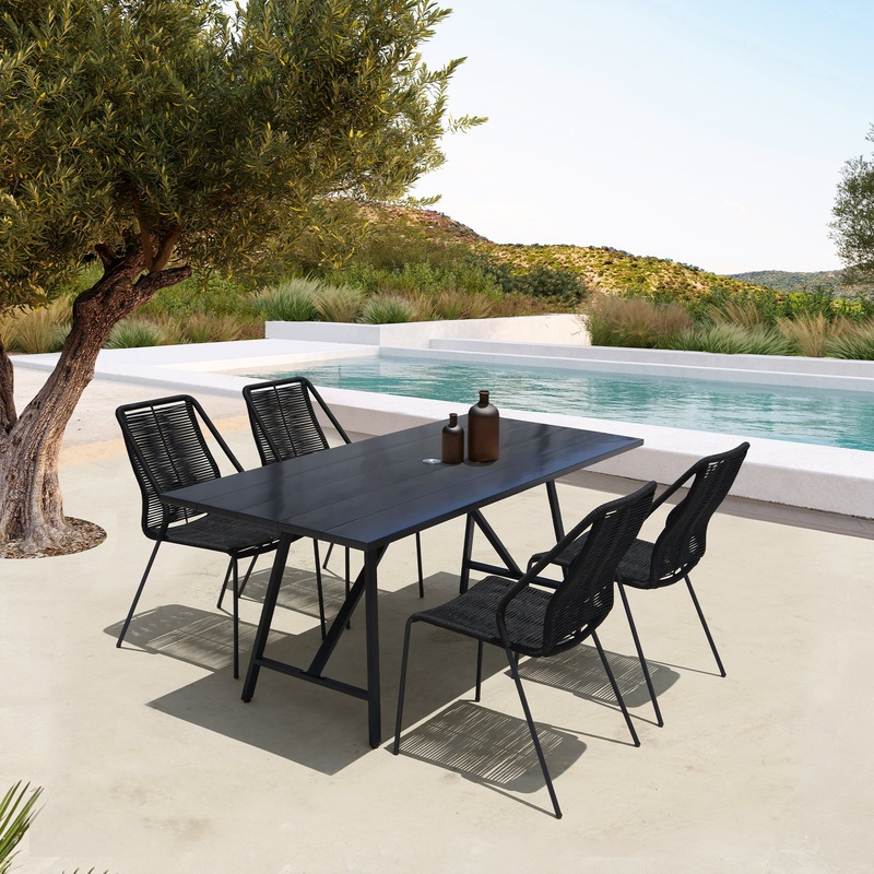 Koala and Clip 5 Piece Dining Set in Dark Eucalyptus Wood and Metal with Black Rope  By Armen Living