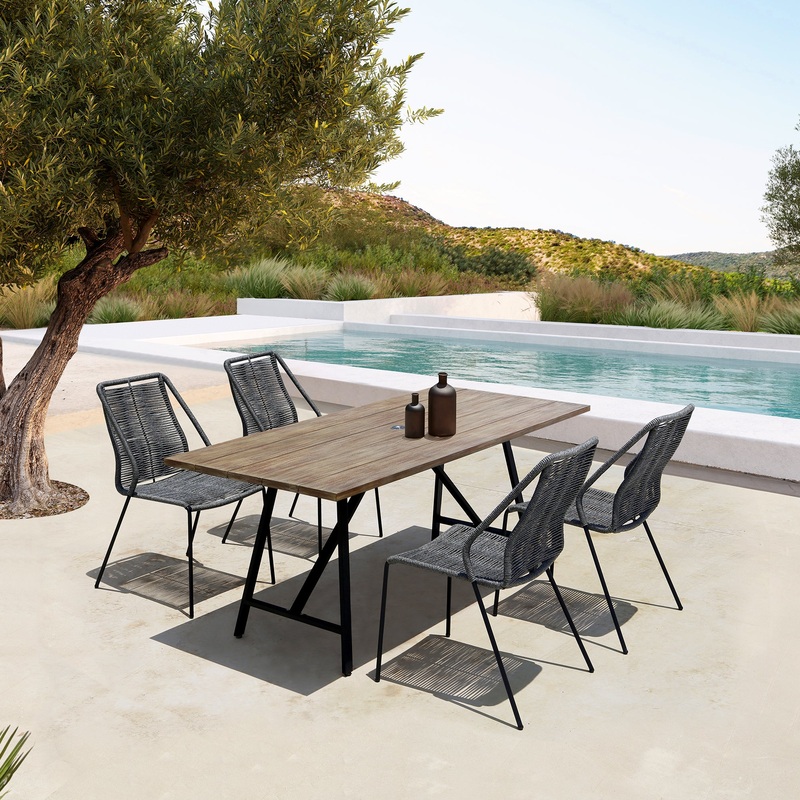 Koala and Clip 5 Piece Dining Set in Light Eucalyptus Wood and Metal with Grey Rope  By Armen Living