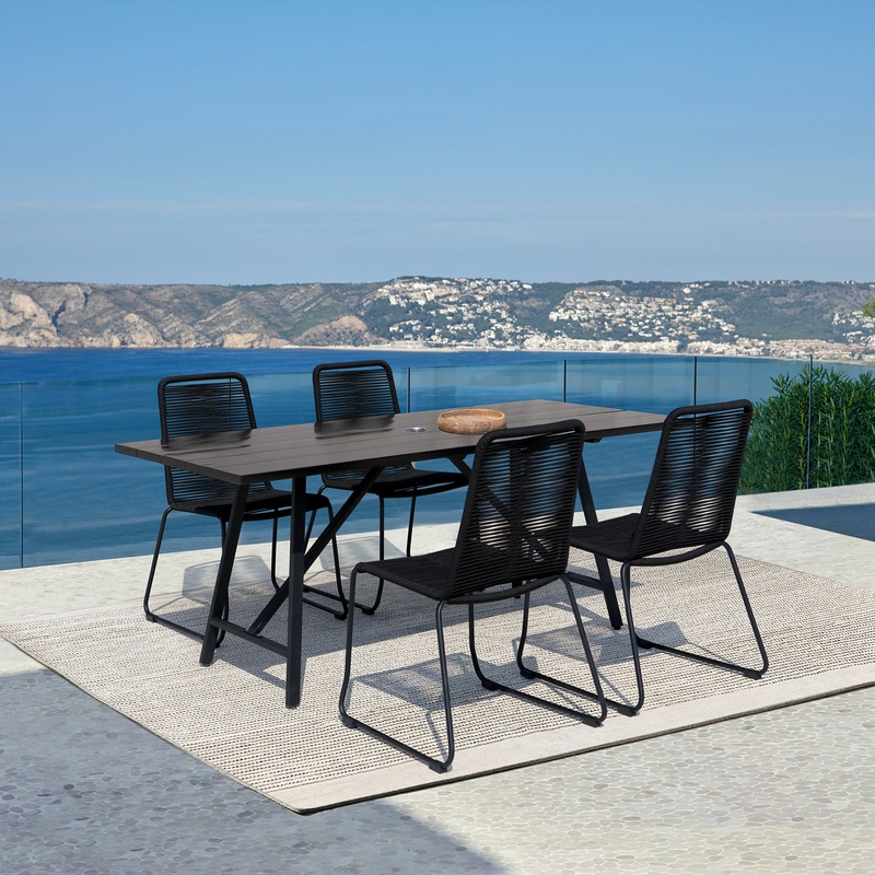 Koala and Shasta 5 Piece Dining Set in Dark Eucalyptus and Metal with Black Rope By Armen Living