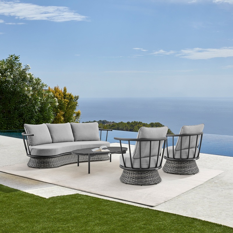 Monk 4 Piece Outdoor Patio Furniture Set in Black Aluminum and Grey Wicker with Grey Cushions By Armen Living