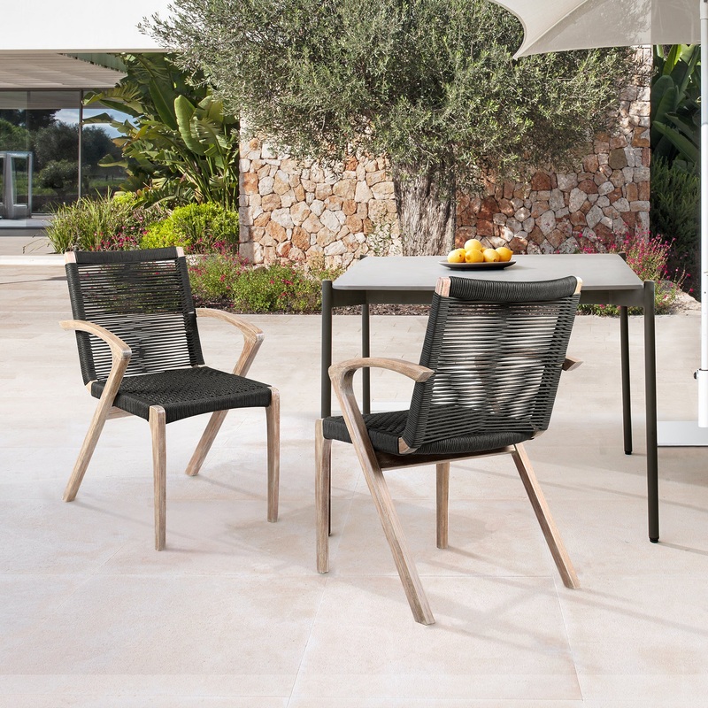 Nabila Outdoor Light Eucalyptus Wood and Charcoal Rope Dining Chairs - Set of 2 By Armen Living