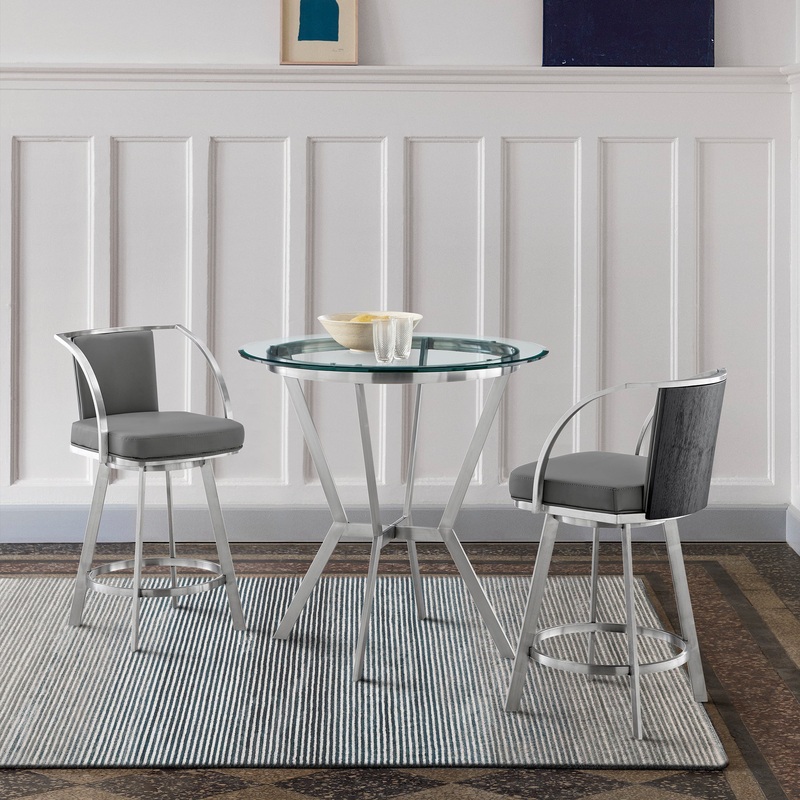 Naomi and Livingston 3-Piece Counter Height Dining Set in Brushed Stainless Steel and Grey Faux Leather By Armen Living