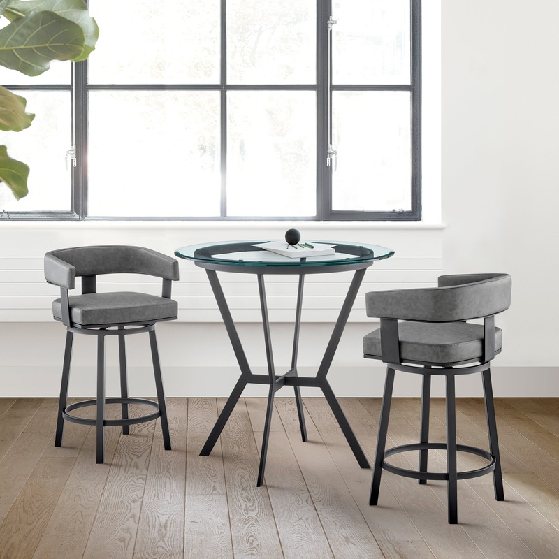Naomi and Lorin 3-Piece Counter Height Dining Set in Black Metal and Grey Faux Leather By Armen Living