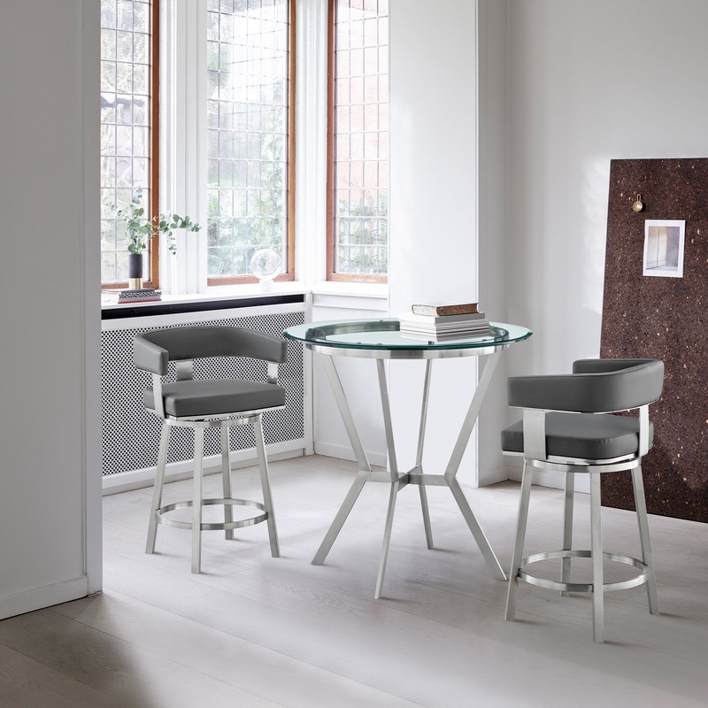 Naomi and Lorin 3-Piece Counter Height Dining Set in Brushed Stainless Steel and Grey Faux Leather By Armen Living