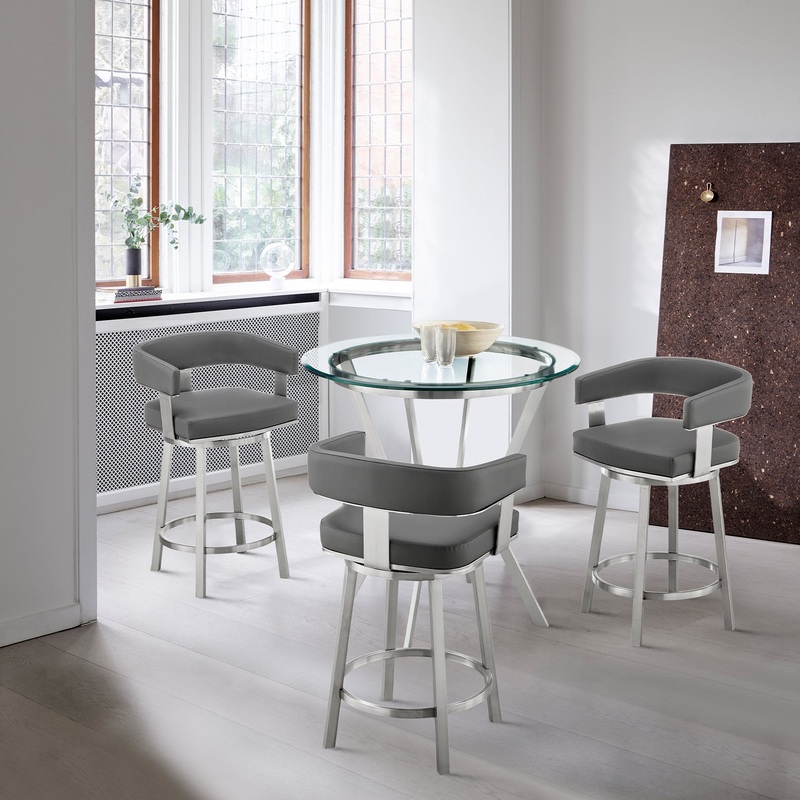 Naomi and Lorin 4-Piece Counter Height Dining Set in Brushed Stainless Steel and Grey Faux Leather By Armen Living