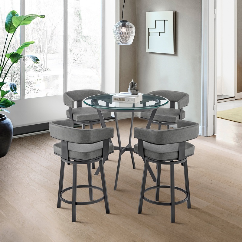 Naomi and Lorin 5-Piece Counter Height Dining Set in Black Metal and Grey Faux Leather By Armen Living