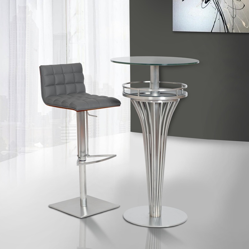 Oslo Adjustable Brushed Stainless Steel Barstool in Gray Faux Leather with Walnut Back By Armen Living