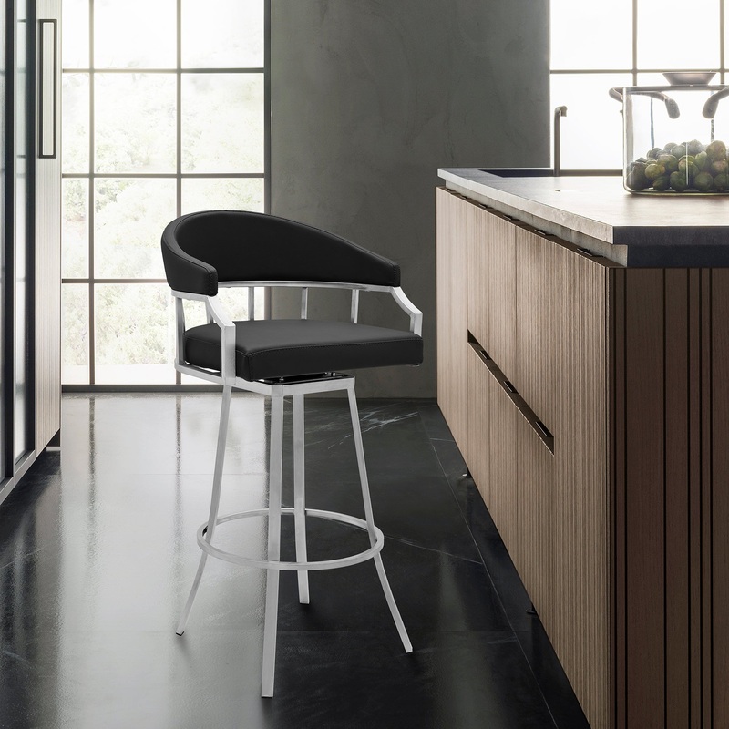 Palmdale Swivel Modern Black Faux Leather 26" Barstool in Brushed Stainless Steel Finish By Armen Living