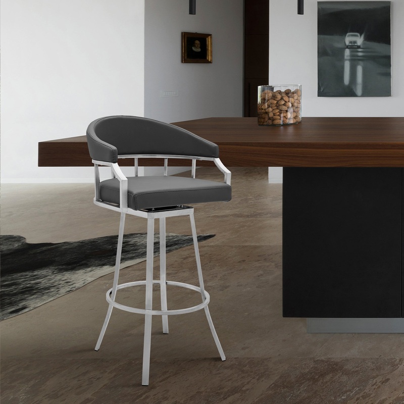 Palmdale Swivel Modern Slate Grey Faux Leather 26" Barstool in Brushed Stainless Steel Finish By Armen Living
