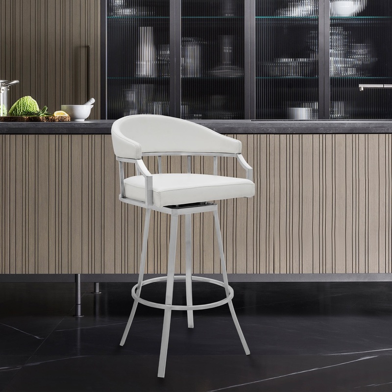 Palmdale Swivel Modern White Faux Leather 26" Barstool in Brushed Stainless Steel Finish By Armen Living
