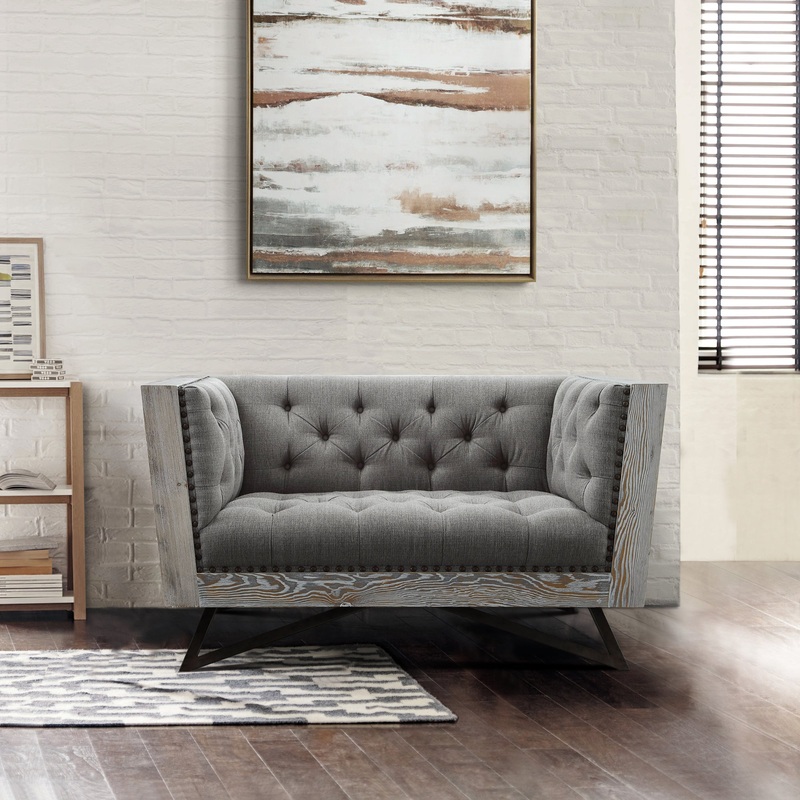 Regis Contemporary Chair in Gray Fabric with Black Metal Finish Legs and Antique Brown Nailhead Accents By Armen Living