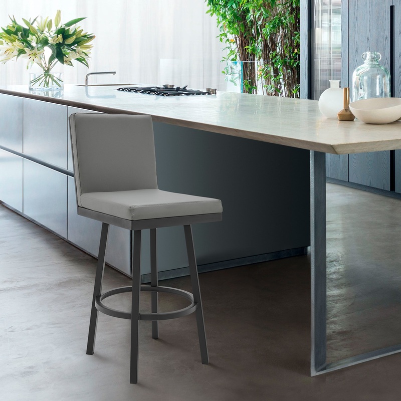 Rochester 30" Swivel Modern Black Metal and Grey Faux Leather Barstool By Armen Living