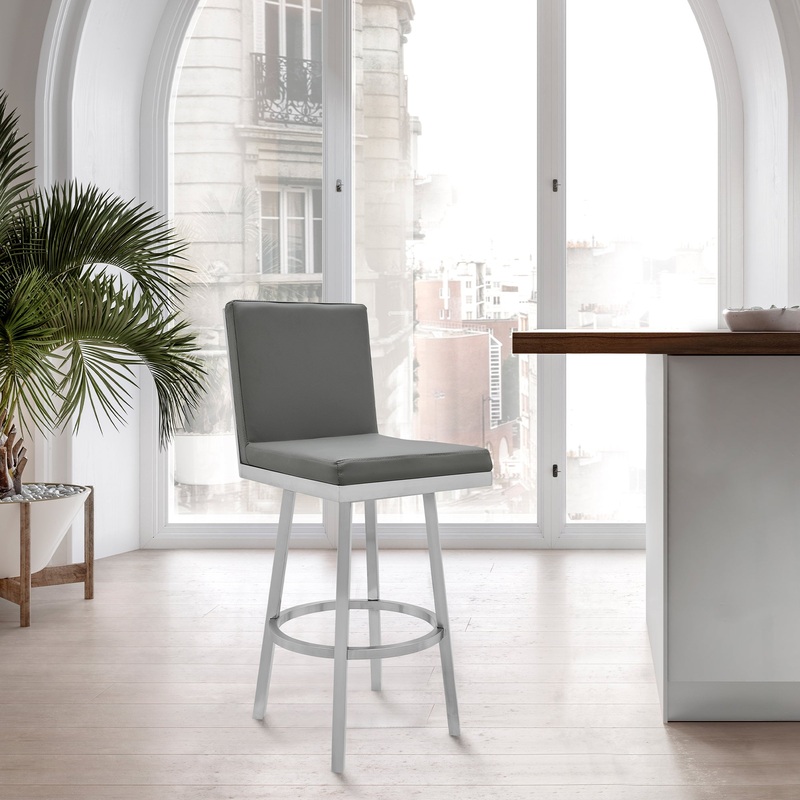 Rochester 30" Swivel Modern Brushed Stainless Steel and Grey Faux Leather Barstool By Armen Living