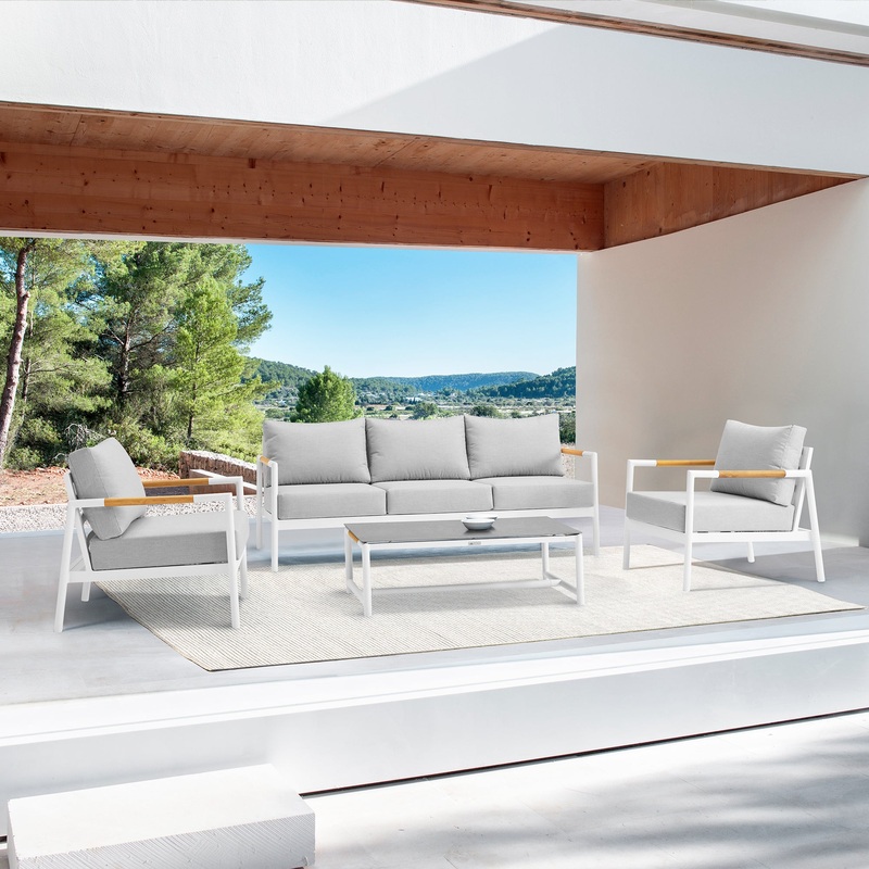 Royal 4 Piece White Aluminum and Teak Outdoor Seating Set with Light Gray Cushions By Armen Living