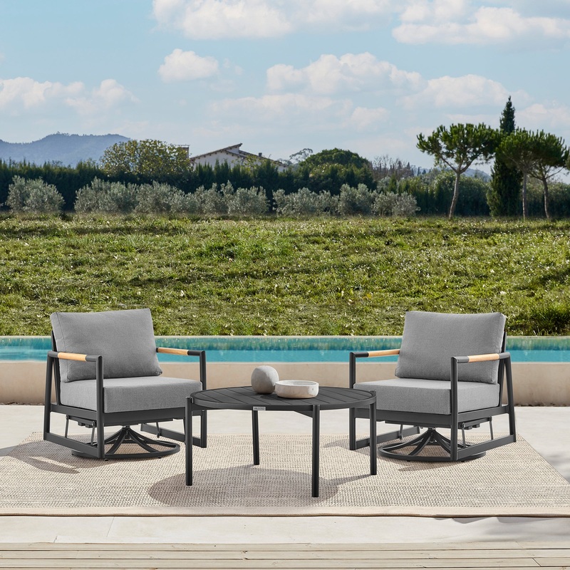 Royal and Tiffany 3 Piece Outdoor Patio Swivel Seating Set in Black Aluminum with Teak Wood and Grey Cushions By Armen Living