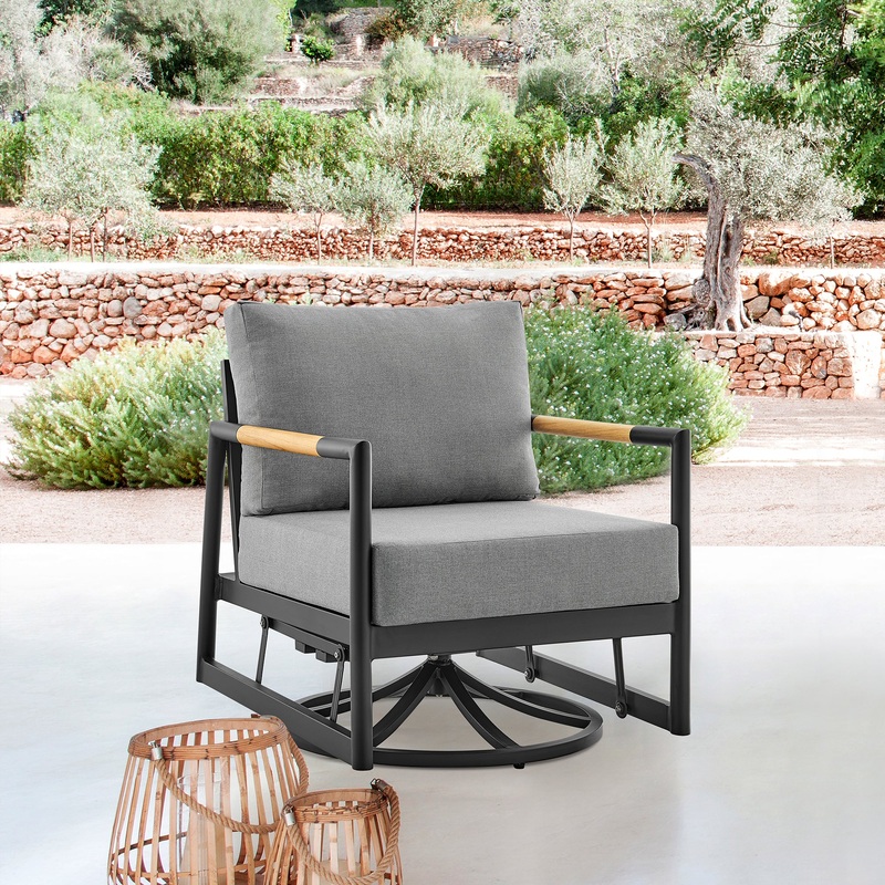 Royal Outdoor Patio Swivel Glider Lounge Chair in Black Aluminum and Teak Wood with Cushions By Armen Living