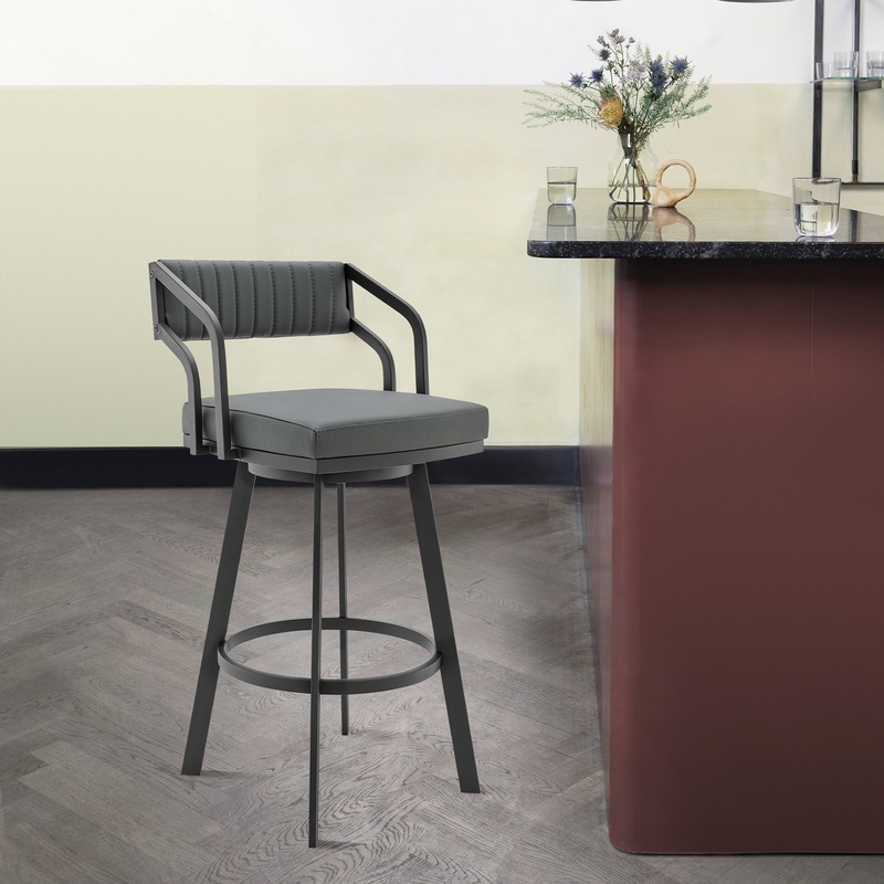 Scranton 26" Swivel Modern Black Metal and Slate Grey Faux Leather Barstool By Armen Living