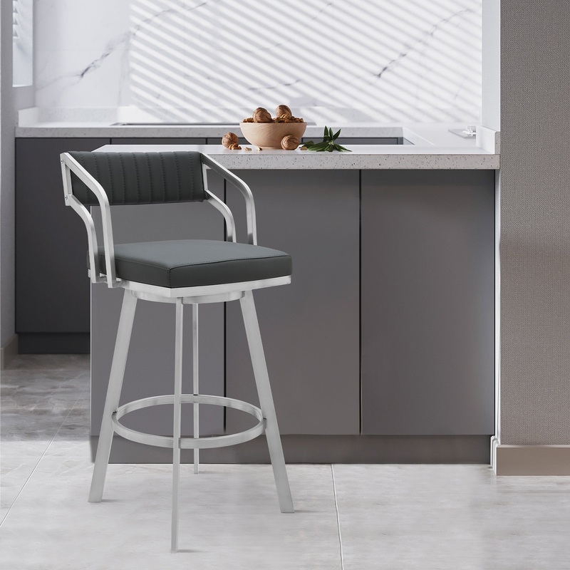 Scranton 26" Swivel Modern Brushed Stainless Steel and Slate Grey Faux Leather Barstool By Armen Living