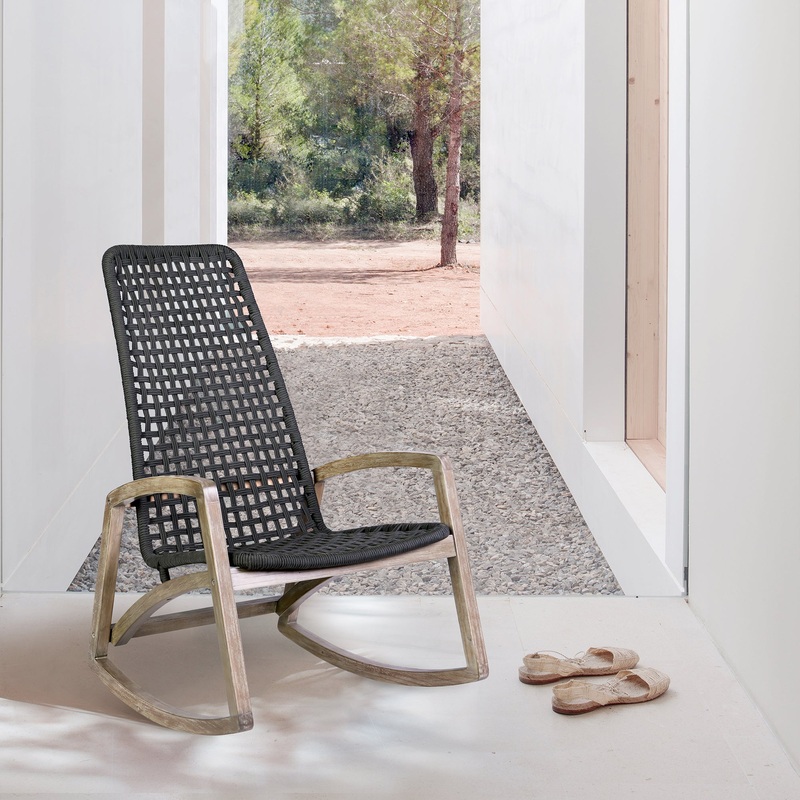 Sequoia Outdoor Patio Rocking Chair in Light Eucalyptus Wood and Charoal Rope By Armen Living