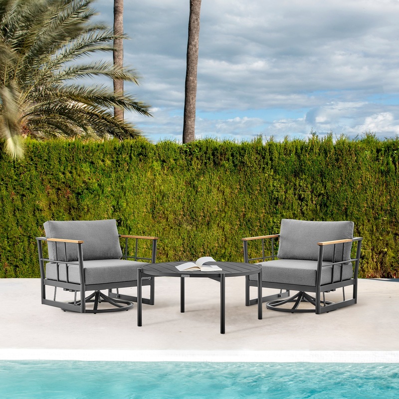 Shari and Tiffany 3 Piece Patio Outdoor Swivel Seating Set in Black Aluminum with Grey Cushions By Armen Living