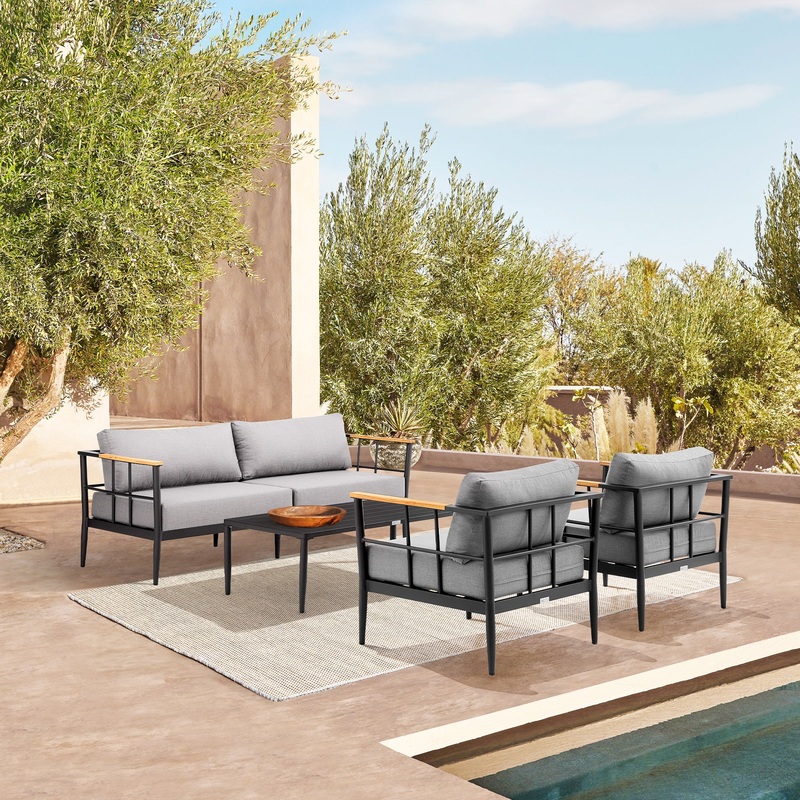 Shari Outdoor Patio 4-Piece Lounge Set in Aluminum with Teak Wood and Grey Cushions By Armen Living