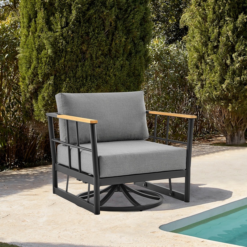 Shari Outdoor Patio Swivel Glider Lounge Chair in Black Aluminum and Teak Wood with Cushions By Armen Living